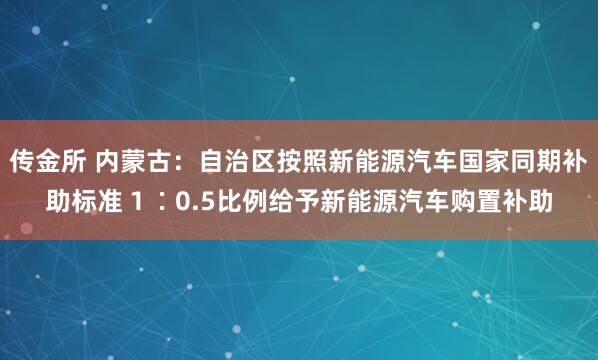 传金所 内蒙古：自治区按照新能源汽车国家同期补助标准１∶0.5比例给予新能源汽车购置补助